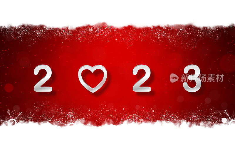 闪闪发光的圣诞水平暗红色明亮的栗色情人节浪漫的背景与新年快乐的主题梦像白色的颜色3D文本间隔2 0 2 3与一颗心白色的雪地地面和闪亮的雪花作为顶部和底部的边界